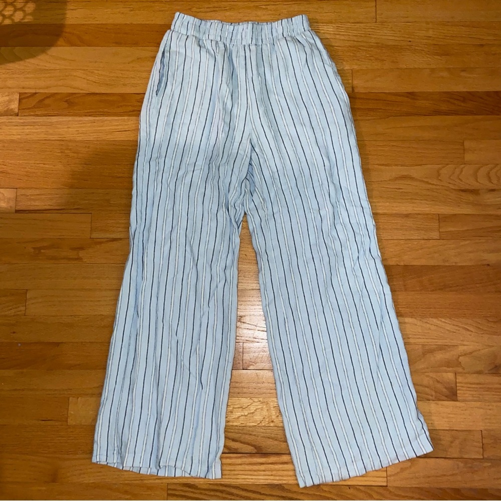 Blue striped beach linen pants with pockets